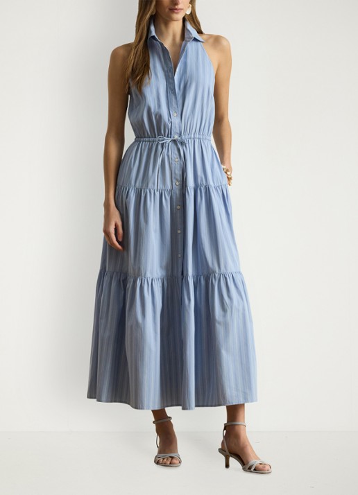 Ralph Lauren Midi blousejurk met streepprint en gestrikt detail - voorkant 3 blue/white multi / blauw