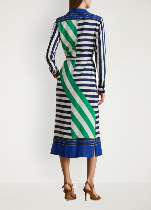 Ralph Lauren Midi blousejurk met streepprint en strikceintuur - achterkant donkerblauw