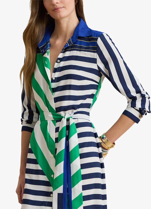 Ralph Lauren Midi blousejurk met streepprint en strikceintuur - detail 4 donkerblauw
