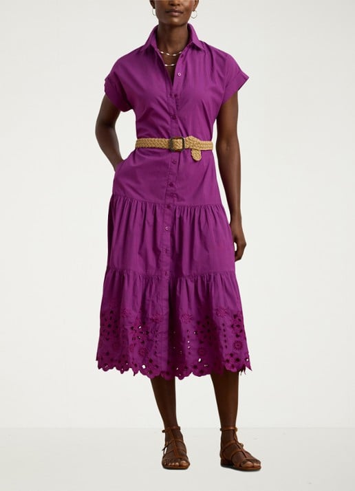 Ralph Lauren Midi blousejurk met strikceintuur - voorkant 2 paars
