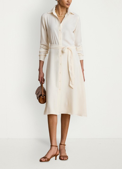 Ralph Lauren Midi blousejurk met strikceintuur - voorkant 4 mascarpone crème / crème