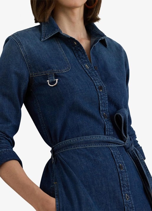 Ralph Lauren Midi blousejurk van chambray met strikceintuur - detail 4 atecco wash / indigo