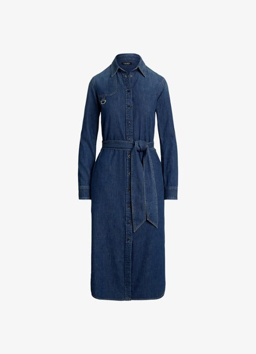 Ralph Lauren Midi blousejurk van chambray met strikceintuur - voorkant atecco wash / indigo