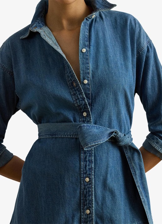Ralph Lauren Midi blousejurk van chambray met strikceintuur - detail 2 galvin wash / blauw