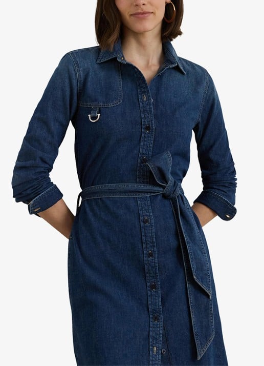 Ralph Lauren Midi blousejurk van chambray met strikceintuur