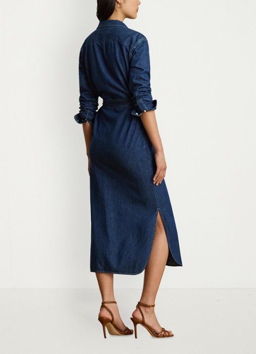 Ralph Lauren Midi blousejurk van denim met strikceintuur - achterkant harvest wash / blauw