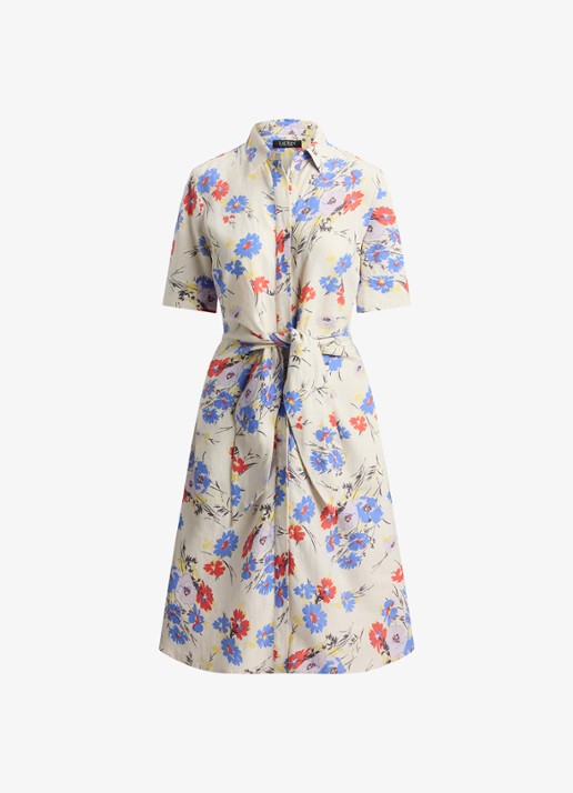Ralph Lauren Midi blousejurk van linnen met bloemenprint - voorkant 4 cream multi / creme