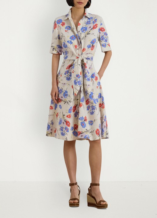 Ralph Lauren Midi blousejurk van linnen met bloemenprint - voorkant 5 cream multi / creme