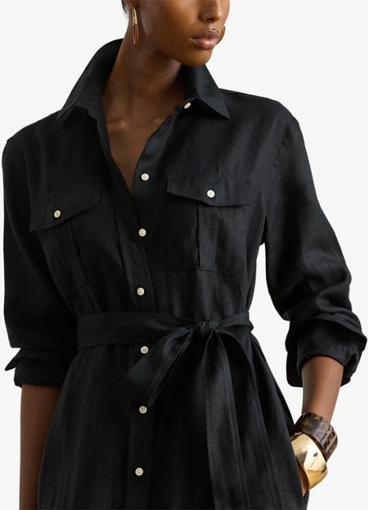 Ralph Lauren Midi blousejurk van linnen met strikceintuur - detail 2 black / zwart