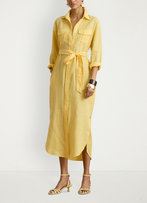 Ralph Lauren Midi blousejurk van linnen met strikceintuur - voorkant 5 lemon sorbet / geel