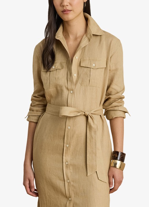 Ralph Lauren Midi blousejurk van linnen met strikceintuur - detail 4 birch tan / beige