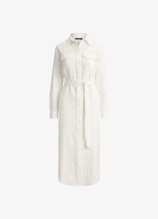 Ralph Lauren Midi blousejurk van linnen met strikceintuur - voorkant 2 wit