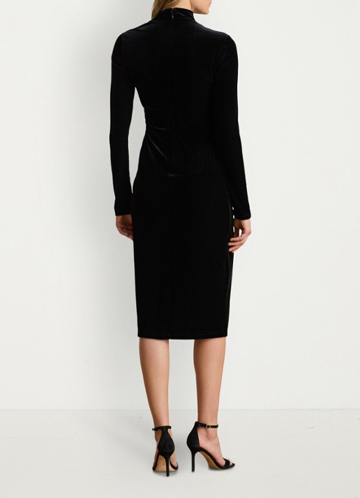 Ralph Lauren Midi jurk met asymmetrische hals en ruches - achterkant black velvet / zwart