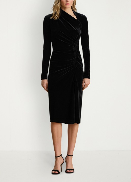 Ralph Lauren Midi jurk met asymmetrische hals en ruches - voorkant 5 black velvet / zwart