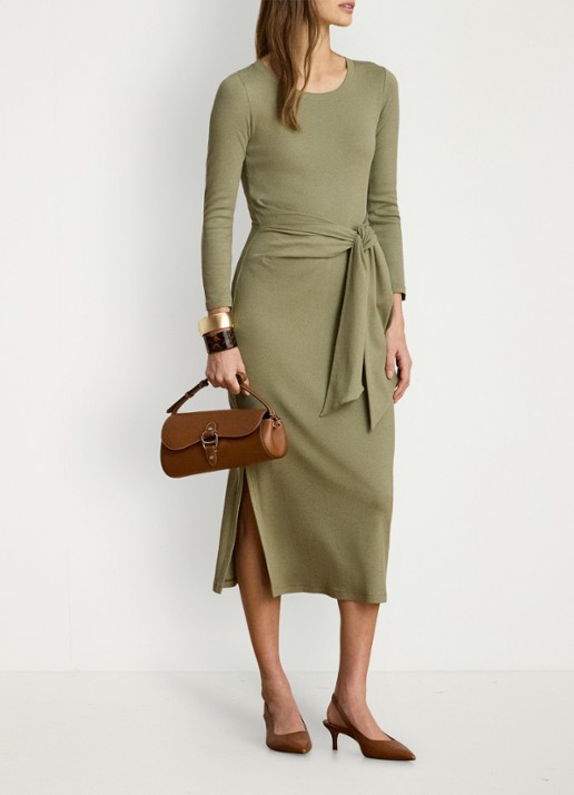 Ralph Lauren Midi jurk met geknoopt detail en split - voorkant 4 light agave / groen