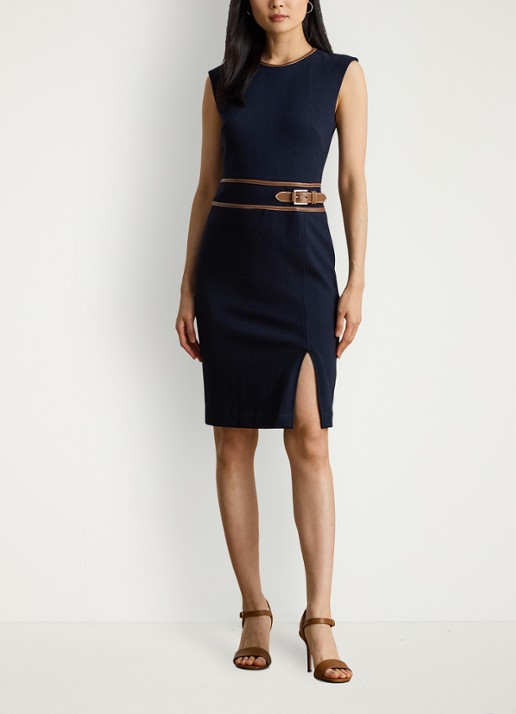 Ralph Lauren Midi jurk met gespdetail - voorkant 2 lauren navy / donkerblauw