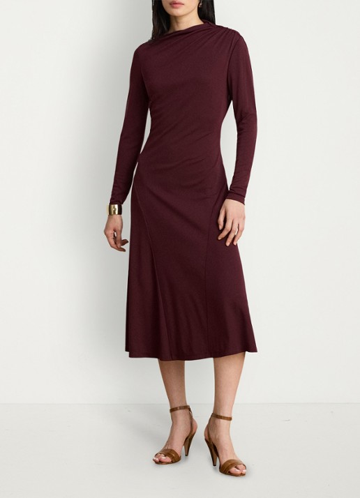 Ralph Lauren Midi jurk met plooidetail - voorkant 2 dark garnet / bordeauxrood
