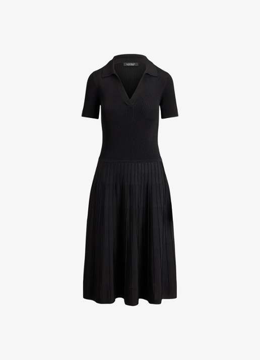 Ralph Lauren Midi jurk met ribstructuur - voorkant zwart