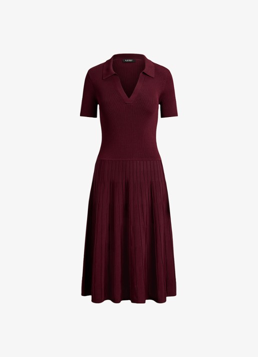 Ralph Lauren Midi jurk met ribstructuur - voorkant dark garnet / bordeauxrood