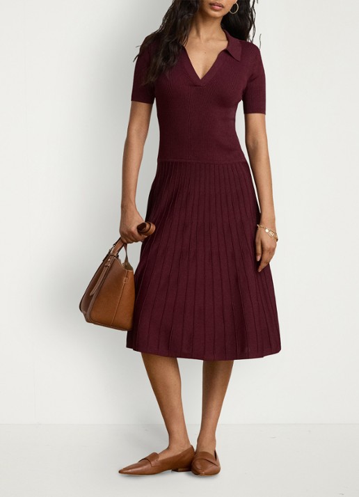 Ralph Lauren Midi jurk met ribstructuur - voorkant 2 dark garnet / bordeauxrood