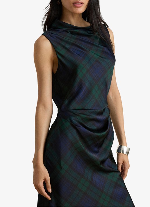 Ralph Lauren Midi jurk met ruitdessin en watervalhals