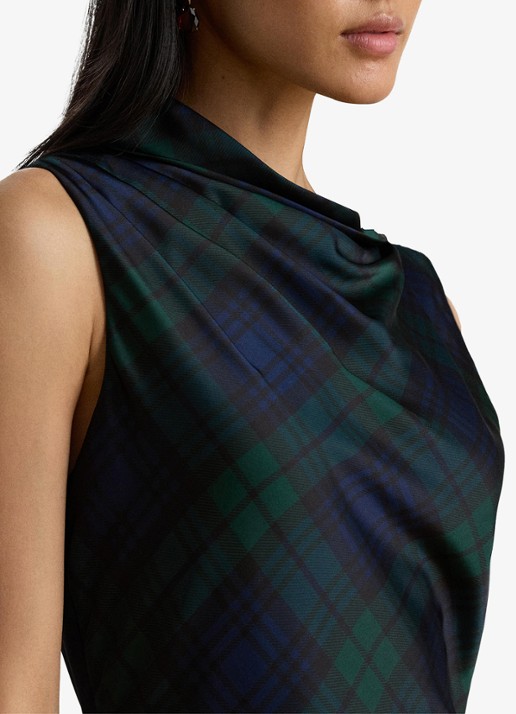 Ralph Lauren Midi jurk met ruitdessin en watervalhals - detail 4 navy/green/black / blauw/groen/zwart
