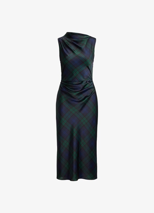 Ralph Lauren Midi jurk met ruitdessin en watervalhals - voorkant navy/green/black / blauw/groen/zwart
