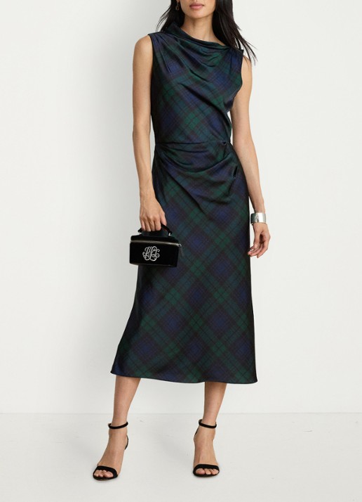 Ralph Lauren Midi jurk met ruitdessin en watervalhals - voorkant 2 navy/green/black / blauw/groen/zwart