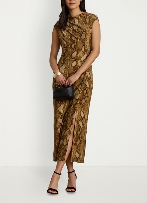Ralph Lauren Midi jurk met slangenprint en split - voorkant 3 tan multi / beige