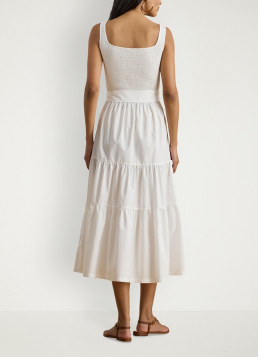 Ralph Lauren Midi jurk met smockwerk en strikceintuur - achterkant wit