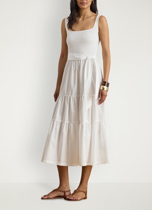 Ralph Lauren Midi jurk met smockwerk en strikceintuur - voorkant 3 wit