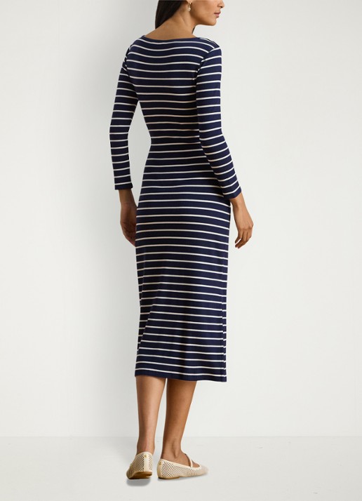Ralph Lauren Midi jurk met streepprint en strikdetail - achterkant donkerblauw