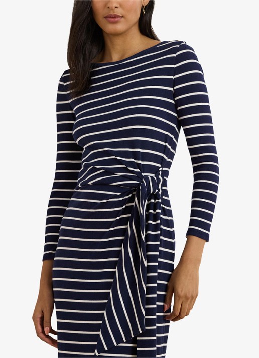 Ralph Lauren Midi jurk met streepprint en strikdetail - detail 3 donkerblauw