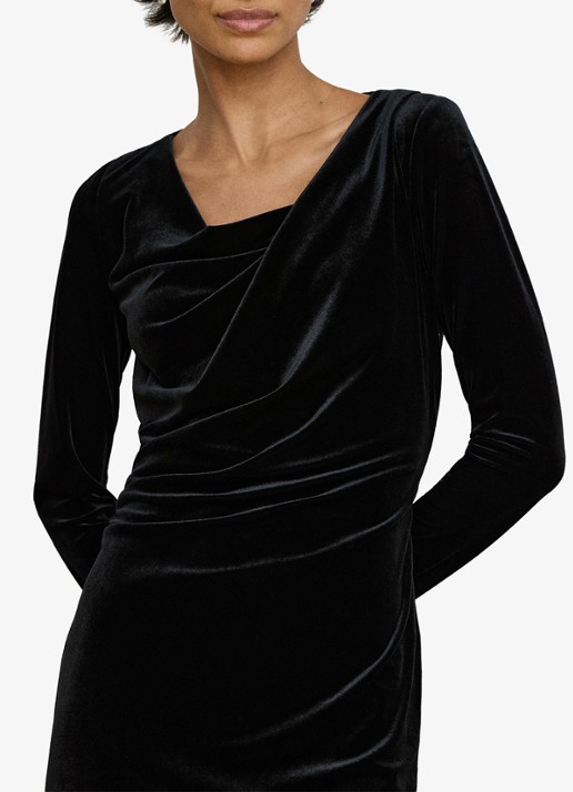 Ralph Lauren Midi jurk van fluweel met watervalhals - detail 2 black velvet / zwart
