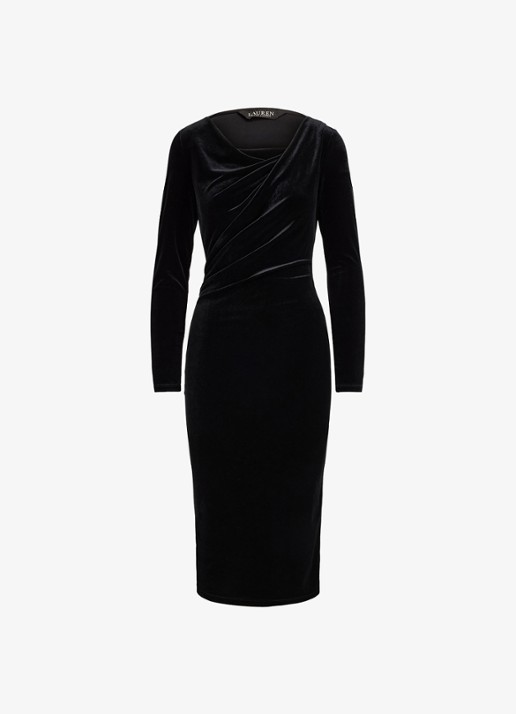 Ralph Lauren Midi jurk van fluweel met watervalhals - voorkant 4 black velvet / zwart