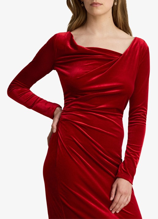 Ralph Lauren Midi jurk van fluweel met watervalhals - detail lauren red velvet / rood