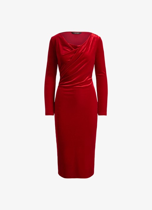 Ralph Lauren Midi jurk van fluweel met watervalhals - voorkant 4 lauren red velvet / rood