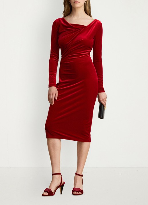 Ralph Lauren Midi jurk van fluweel met watervalhals - voorkant 5 lauren red velvet / rood