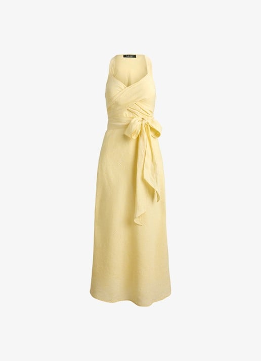 Ralph Lauren Midi jurk van linnen met streepprint - voorkant yellow/white / geel