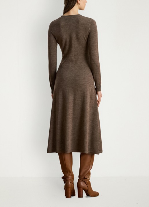 Ralph Lauren Midi jurk van wol met ronde hals - achterkant 3 taupe brown heather / bruin
