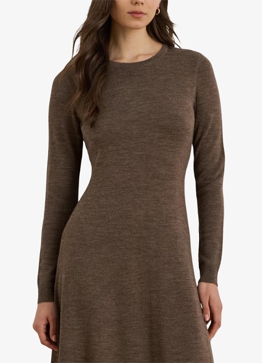 Ralph Lauren Midi jurk van wol met ronde hals - detail taupe brown heather / bruin