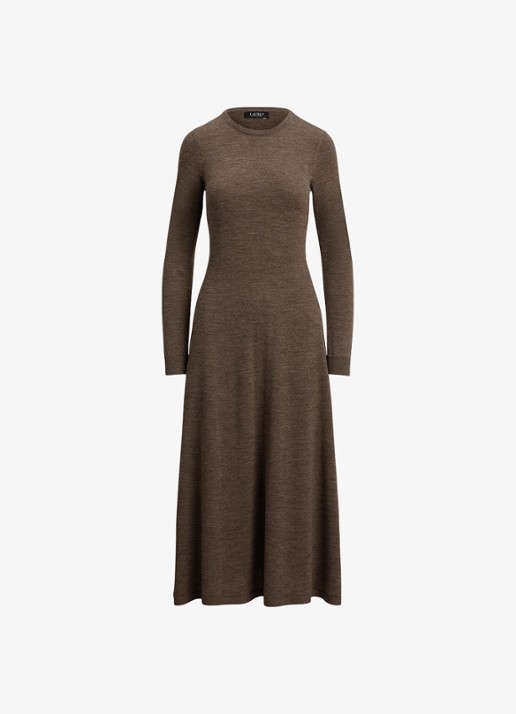 Ralph Lauren Midi jurk van wol met ronde hals - voorkant 4 taupe brown heather / bruin