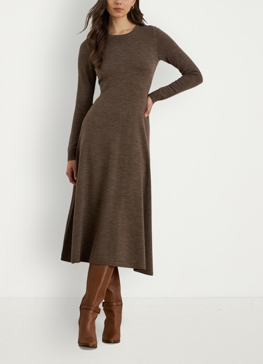 Ralph Lauren Midi jurk van wol met ronde hals - voorkant 5 taupe brown heather / bruin