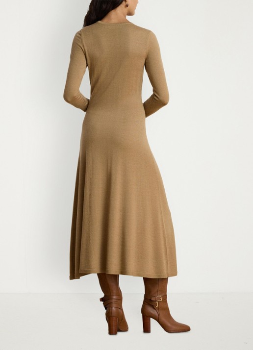Ralph Lauren Midi jurk van wol met ronde hals - achterkant 3 lauren camel / beige