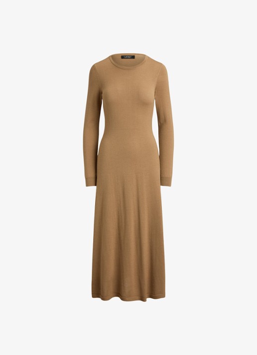 Ralph Lauren Midi jurk van wol met ronde hals - voorkant 4 lauren camel / beige