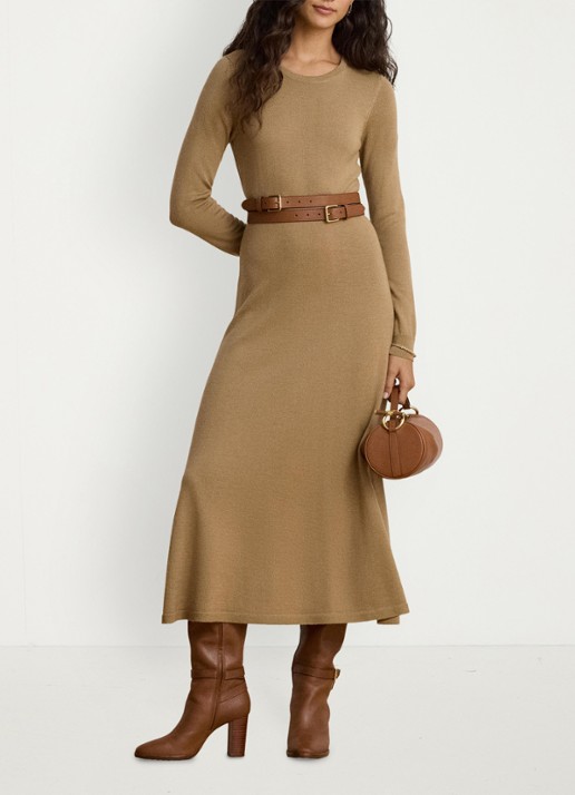 Ralph Lauren Midi jurk van wol met ronde hals - voorkant 5 lauren camel / beige