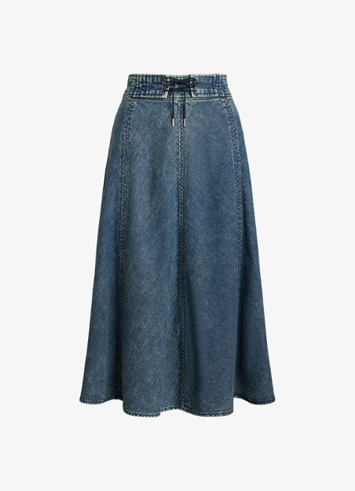 Ralph Lauren Midi spijkerrok met trekkoord - voorkant 2 denim