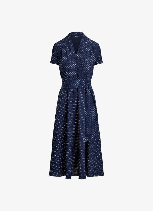 Ralph Lauren Midi tuniekjurk met stippenprint en ceintuur - voorkant donkerblauw