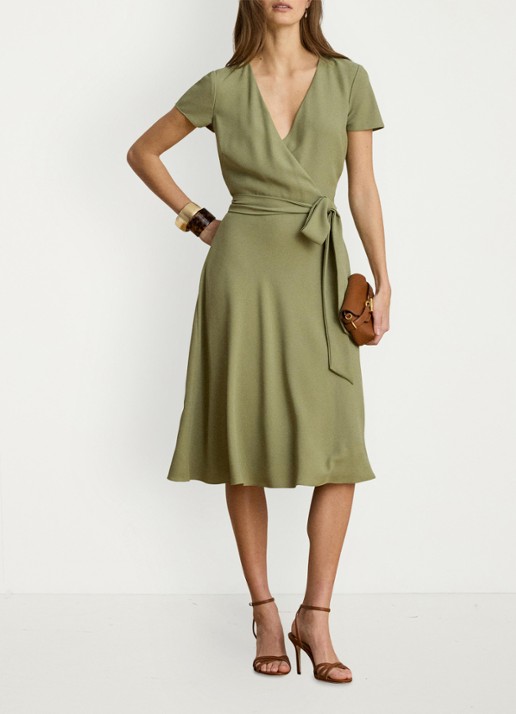 Ralph Lauren Midi wikkeljurk met strikceintuur - voorkant 2 light agave / beige