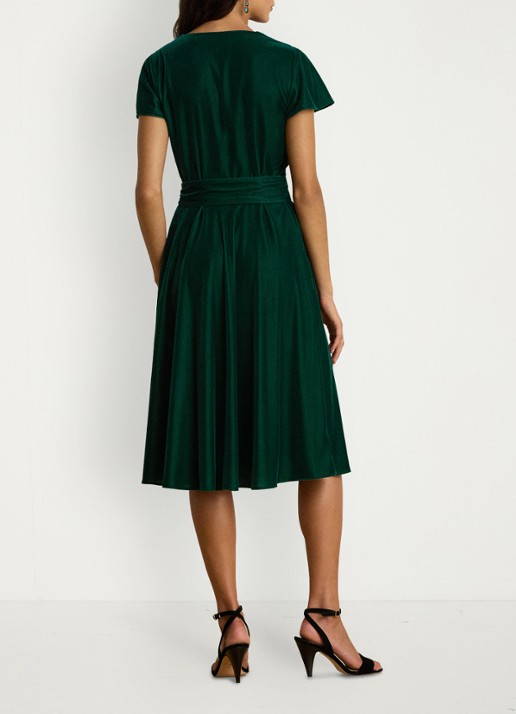 Ralph Lauren Midi wikkeljurk van fluweel met strikceintuur - achterkant dark evergreen / groen